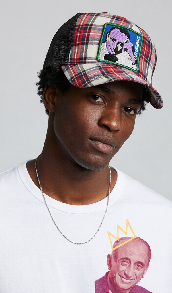 D'ARIENZO Black/red tartan trucker cap